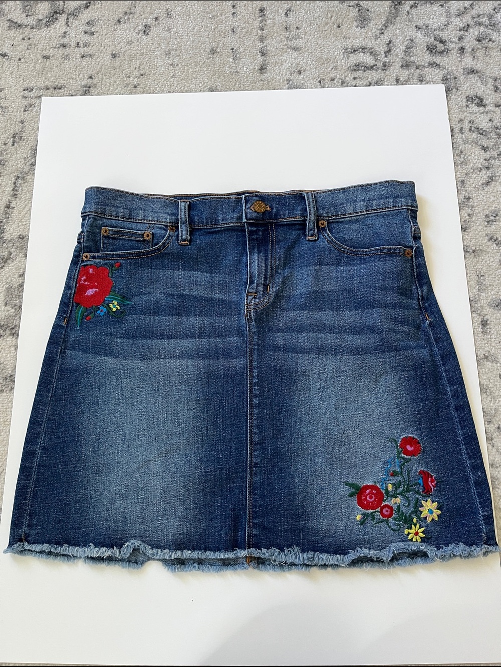 J. Crew Dark Blue Denim A-Line Skirt with Red Floral Embroidery